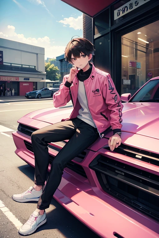 a boy sitting in a pink sports car near a shop, detailed landscape, beautiful 8k,