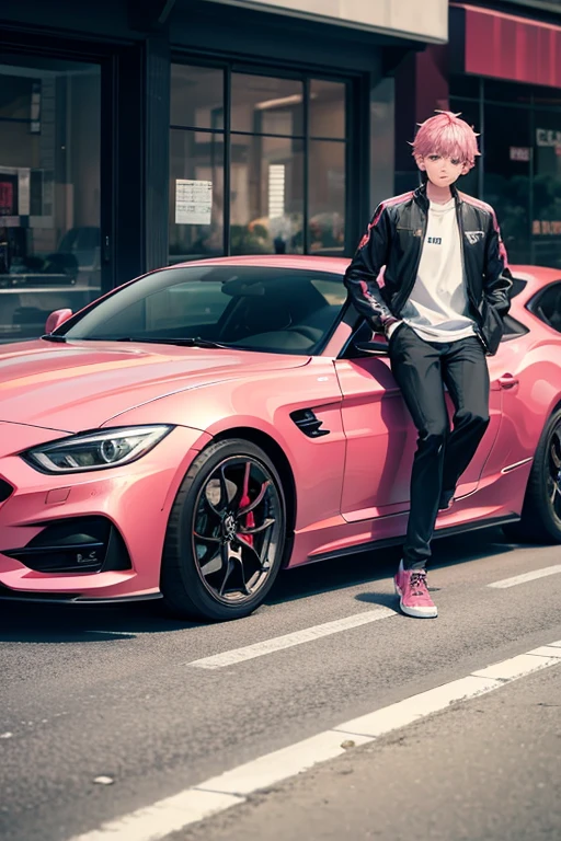 a boy sitting in a pink sports car near a shop, detailed landscape, beautiful 8k,
