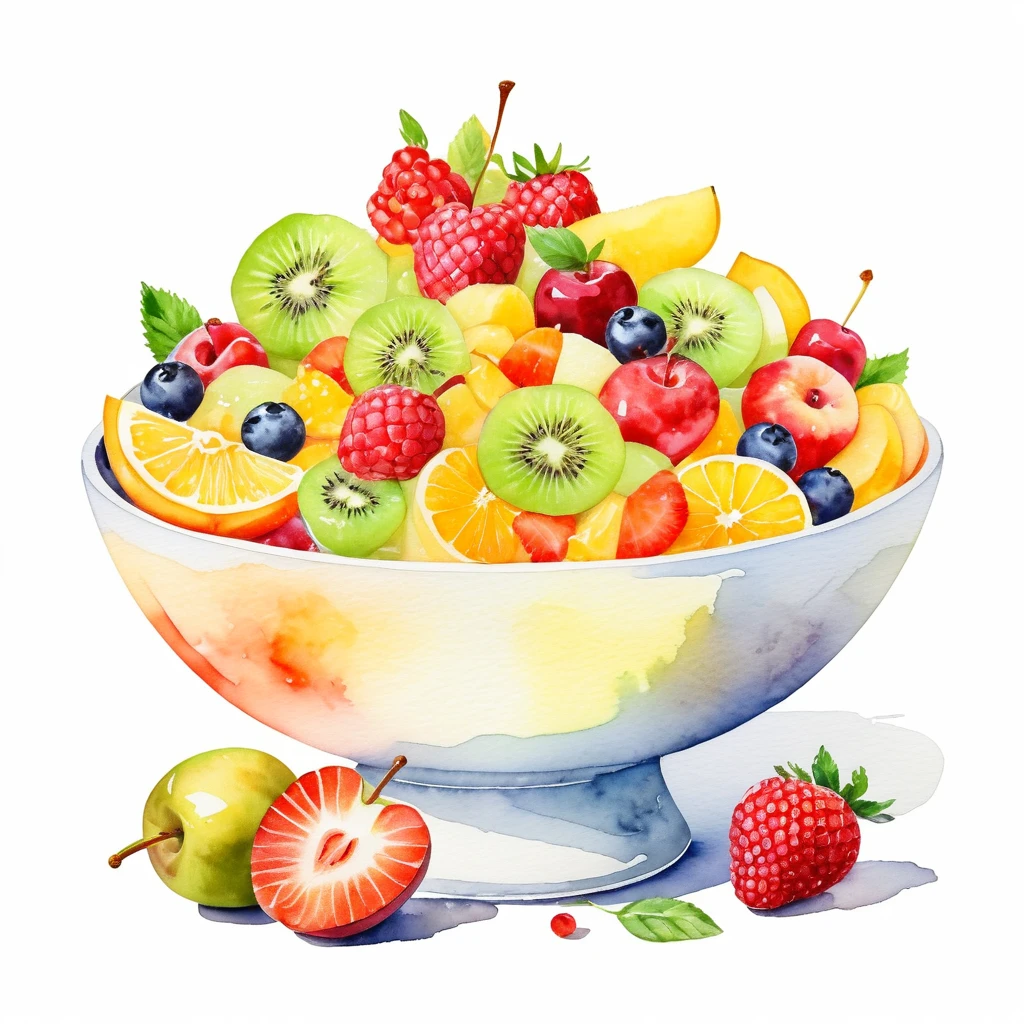A painting,Drawing of a bowl of delicious fruit salad , ((watercolor)), Cartoon Style, Pure white background, Central Composition, Negative space around objects, faded colors, A meticulous masterpiece, Loose Drawing, Clip Art,