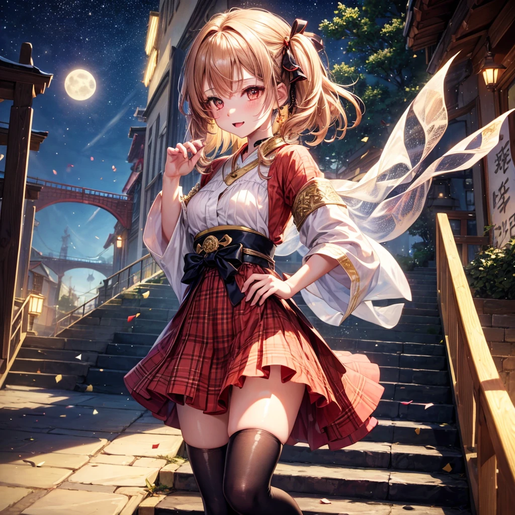 Pink, red, brown, gold, gold hair、Red gold eyes、Hair tied up、One good looking girl、solo、anime、Checkered mini skirt、Ruffles on the skirt、Checked dress、blouse、Kimono、Black knee-high socks、Ribbon、Ribbon on waist、Teeth are visible、Sparkly Necklace、From above、Cobblestones、waterfall、Starry Sky、Midnight Moon、suspension bridge、beam、Standing still、Transparent、Dragon flying、goddess、Edo、Confetti、Kicking、Ancient City、Arranging stones、Climbing the stairs