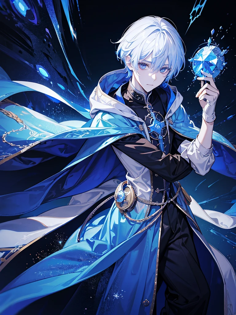 Sorcerer Divine Soul man, he has a silver hair and blue eyes, he wear a hood and wear gloves.