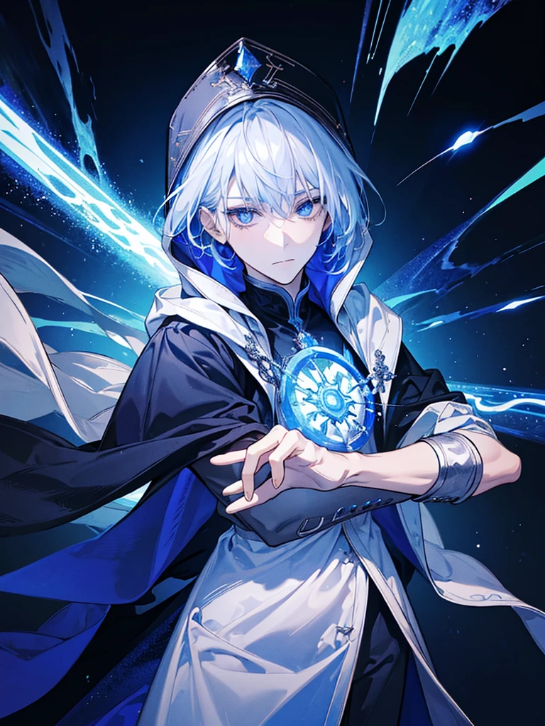 Sorcerer Divine Soul man, he has a silver hair and blue eyes, he wear a hood and wear gloves.
