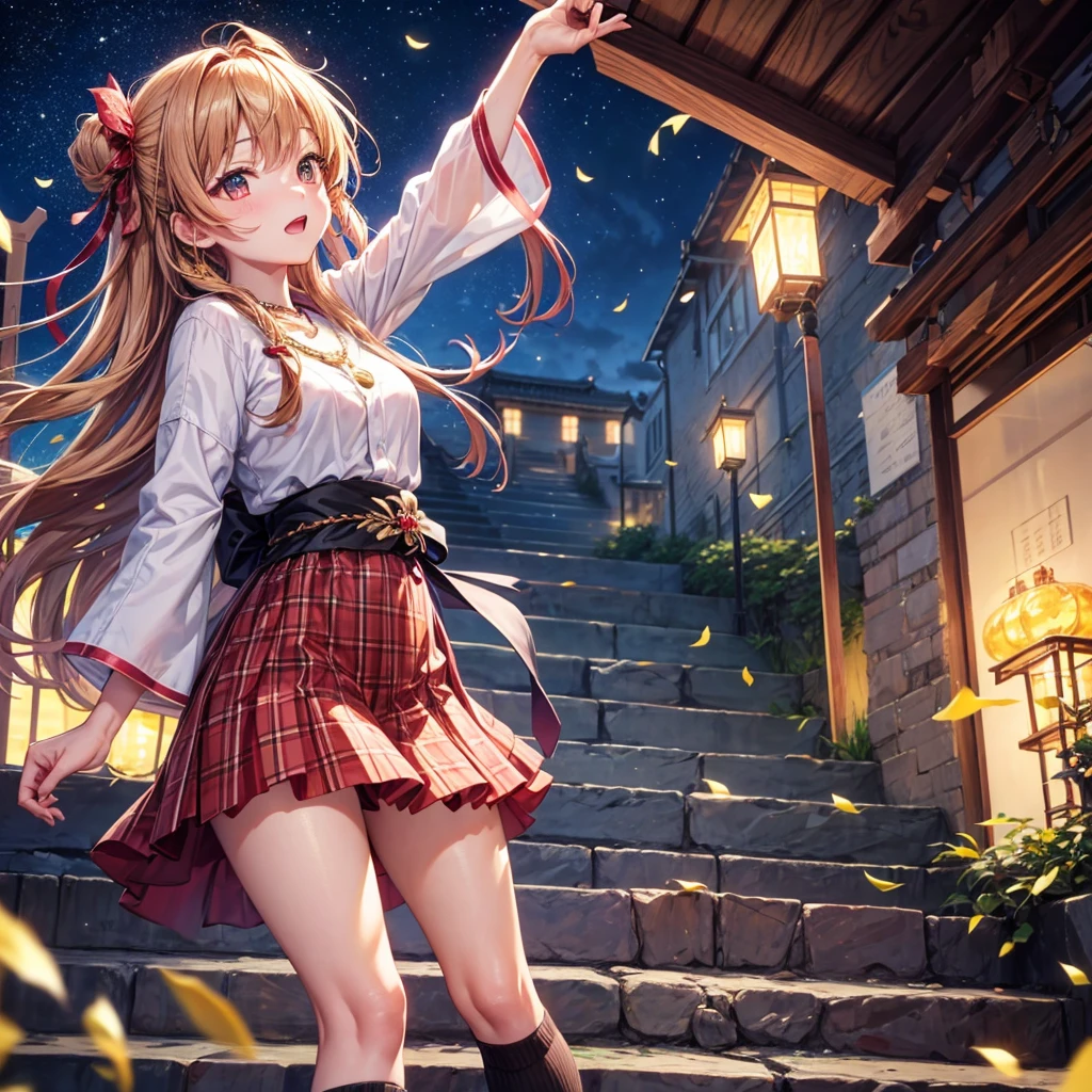 Pink, red, brown, gold, gold hair、Red gold eyes、Hair tied up、One good looking girl、solo、anime、Checkered mini skirt、Ruffles on the skirt、Checked dress、blouse、Kimono、Black knee-high socks、Ribbon、Ribbon on waist、Teeth are visible、Sparkly Necklace、From above、Cobblestones、waterfall、Starry Sky、Midnight Moon、suspension bridge、beam、Standing still、Transparent、Dragon flying、goddess、Edo、Confetti、Kicking、Ancient City、Arranging stones、Climbing the stairs