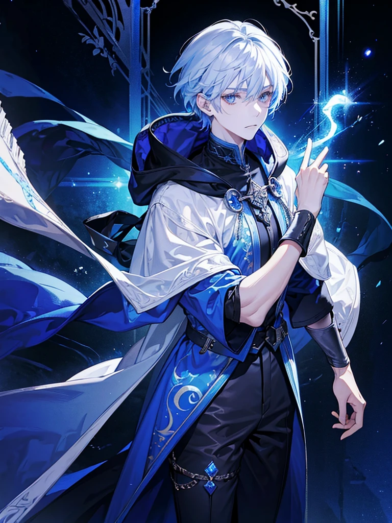 Sorcerer Divine Soul man, he has a silver hair and blue eyes, he wear a hood and wear gloves.