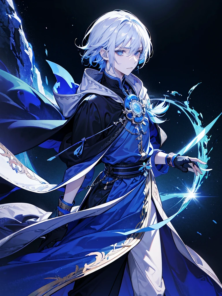 Sorcerer Divine Soul man, he has a silver hair and blue eyes, he wear a hood and wear gloves.