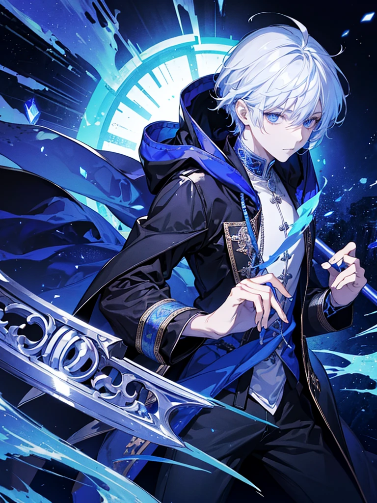 Sorcerer Divine Soul man, he has a silver hair and blue eyes, he wear a hood and wear gloves.