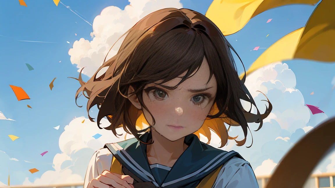 ((Highest quality)), ((masterpiece)), ((Very detailed)),Girl Looking Down,Angry expression，Confetti，Brown Hair,Blue sky and clouds,tears,profile,student,School building