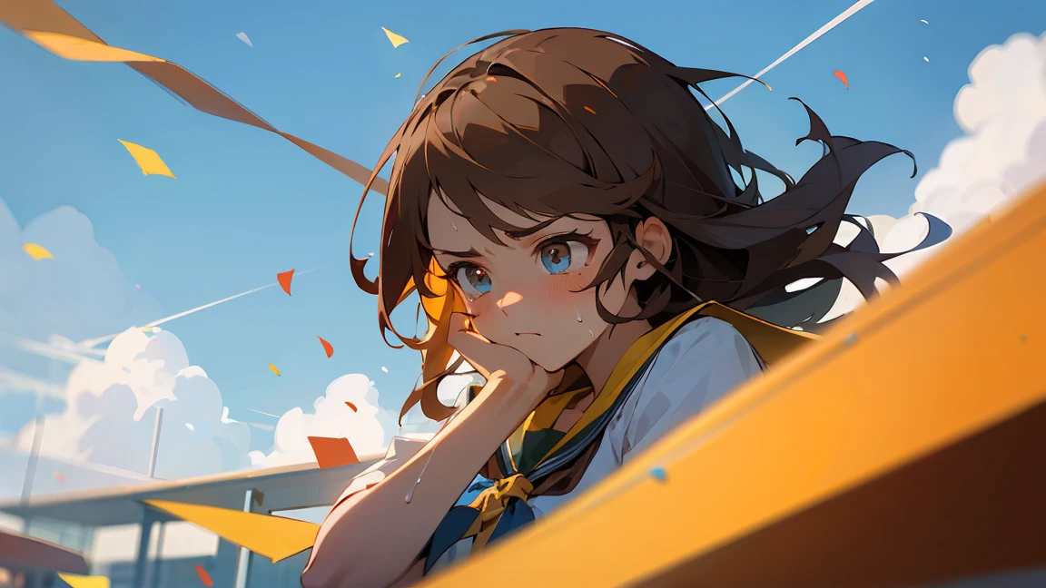 ((Highest quality)), ((masterpiece)), ((Very detailed)),Girl Looking Down,Angry expression，Confetti，Brown Hair,Blue sky and clouds,tears,profile,student,School building