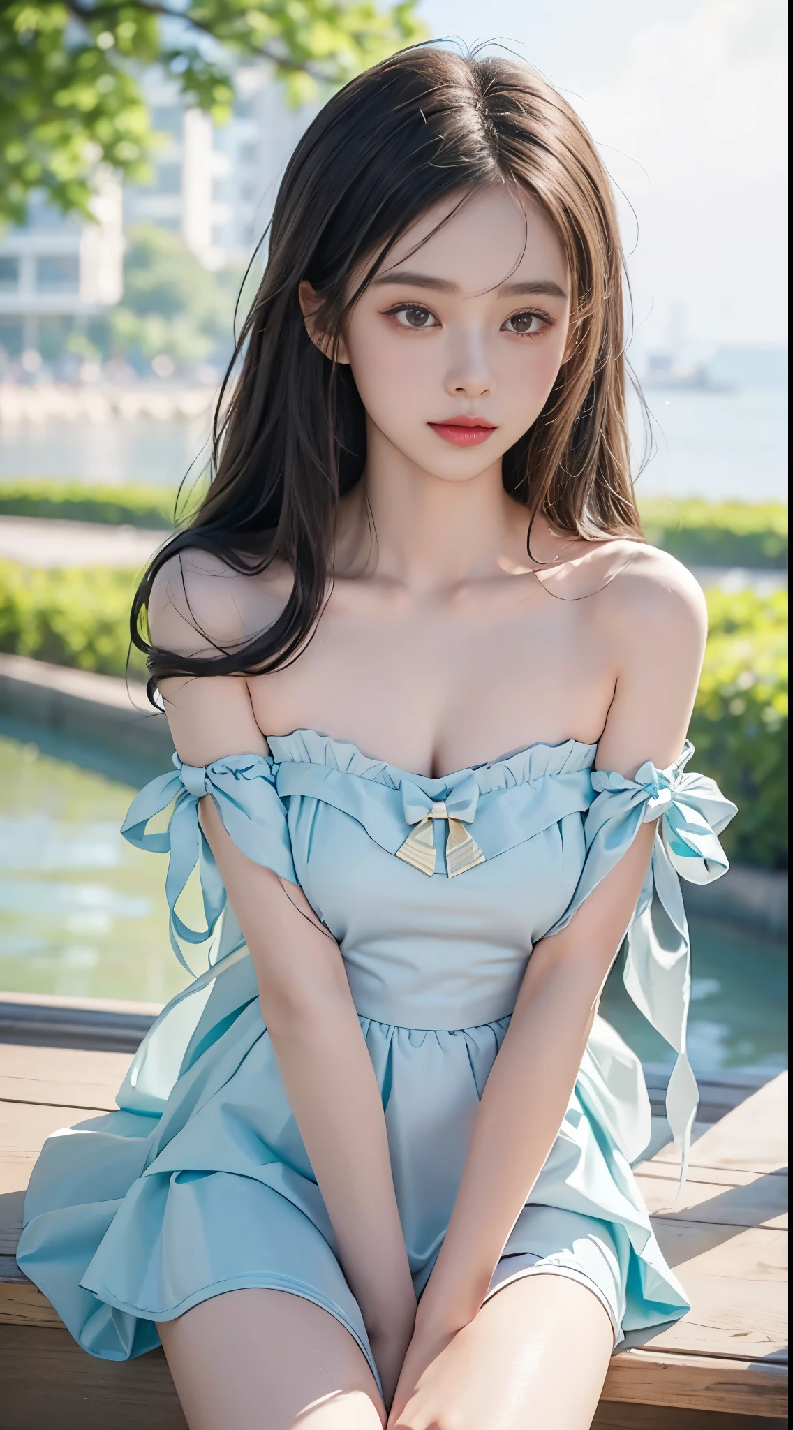 strapless dress,bow, yellow dress,white thighhighs,blue ribbon,, (masterpiece, best quality:1.2), 1 Girl, Solitary, ((Bare shoulders)), ((I-type Valley)), ((E-cup)), (Practical:1.37), ((Lie flat on the beach)), ((from above)), A young woman lifts her skirt with her hands，Elegant posture，Smile，Outdoor scene，sunny，Delicate fabric texture，(lifelike:1.2)，(high quality:1.3)，(Natural light:1.1), Sweet Girl, beautiful妆容, Exquisite makeup, Extremely beautiful eyes, Long hair, curls, slim, Large Breasts, Sexy slender legs, The skirt is short, Leaking sexy legs, Elegant Posture, best quality, correct, correct的手, correct的腿, 解剖学correct, Official Art, complicated, detail的脸, detail, lifelike, Very detailed, Astonishing, beautiful, Young and energetic, Charming model, Detailed CG 8k wallpaper