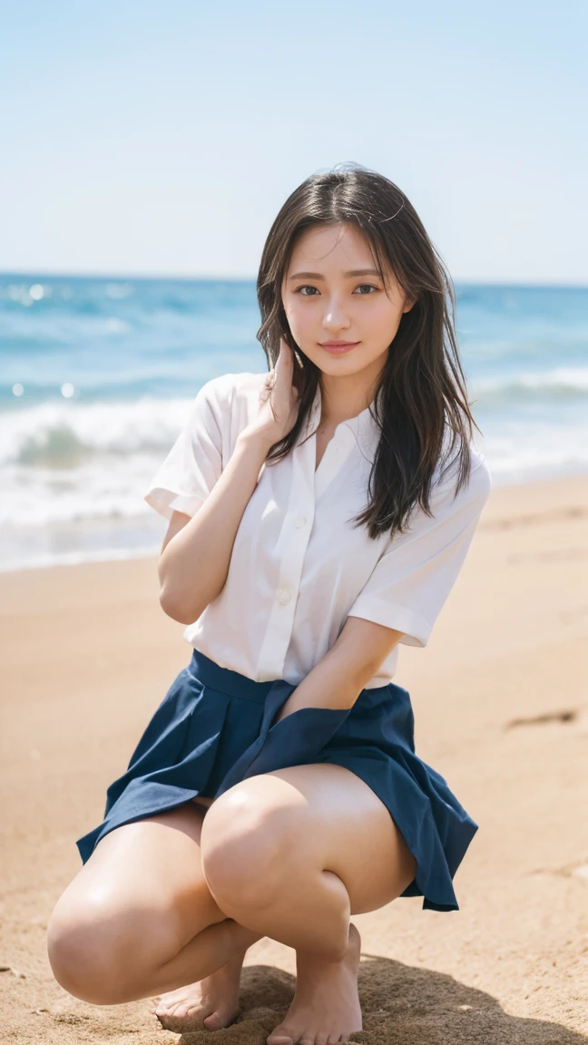 (((Top-down configuration:1.33)))、((No underwear:1.55))、One Girl、Beautiful and detailed eyes and face、barefoot、20 year old cute Japan woman, ((Extremely precise and accurate anatomy:1.0)), (photo Realistic:1.4), (hyper Realistic:1.4), (最高品質のRealisticな肌の質感:1.4), (Improvement of quality:1.4), (Enhances the beauty of skin texture:1.1), Clean and glowing skin, mesh, thin:1.2, (Realistic:1.3), Realisticなライティング, (Smoother lighting:1.05), (Improving the quality of cinema lighting:0.9), Backlight, A gentle light shining on your face, Ray Tracing, (Bright light:1.2), 32k, One Japanese woman, fine grain, Detailed face, (Film Grain:1.1),(Accentuates body lines:1.1), High resolution, Natural look, Kind eyes, Improves hair quality, Delicate light and shadow, Transparent muscle, Graceful pose, Beautiful Eyes, Sharp details, Soft light reflection, Beautiful contours, Delicate skin tone, Fine hair texture, Natural background, (((sunny day、Beach、A strong wind is blowing、Her hair and skirt are flying、Squat, Traditional navy blue sailor uniform、Open shirt、Pleated skirt、Scooping seawater with hands:1.25、splash、Sandy Beach、Light of the sun、clear blue sea、The waves crash quietly、Blue sky and white clouds、green mountain々、Beautiful Nature、The joy of youth)))、