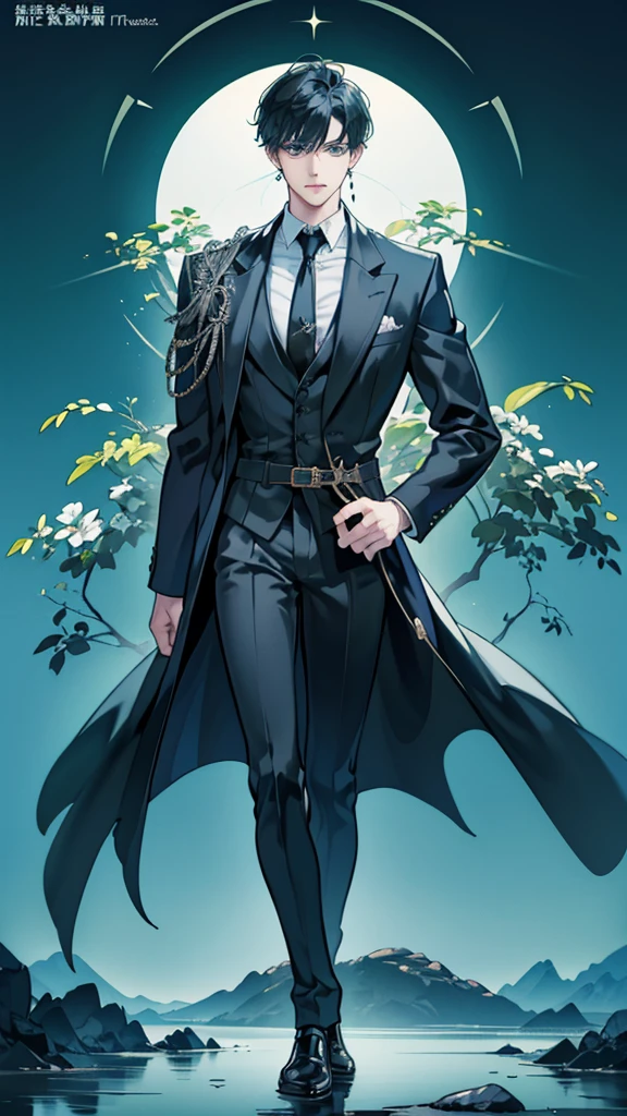 (masterpiece), best quality, seductive eyes, perfect face, handsome man,green-blue eyes, middle part haircut, short length black hair, black coat, grey suit, black necktie, full body, long legs, anime cover, 1boy, cross ear rings,Asia man