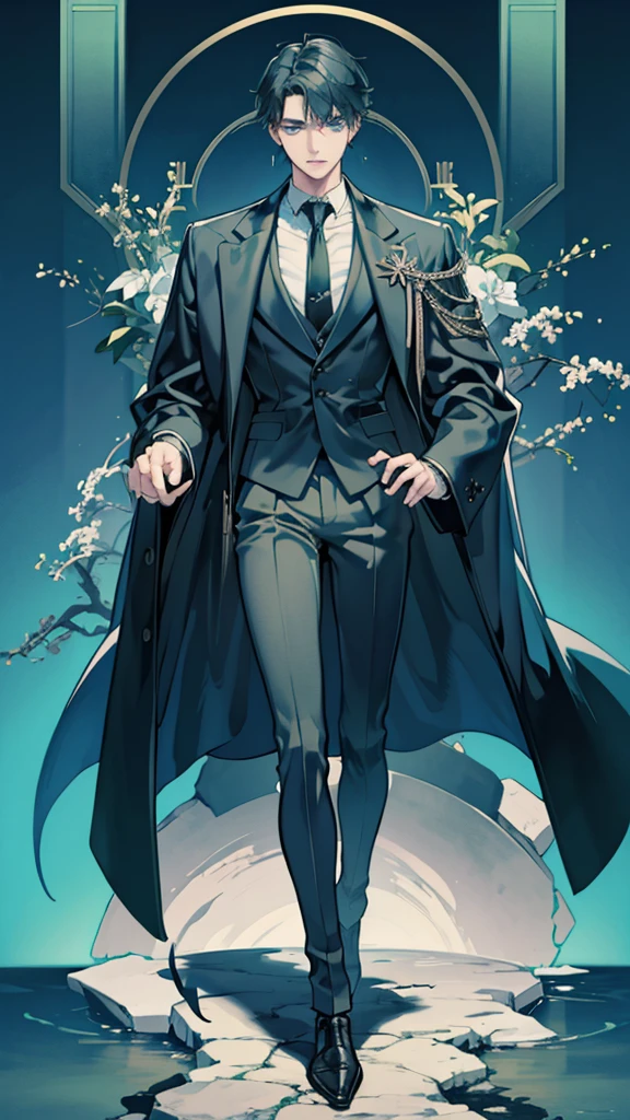 (masterpiece), best quality, seductive eyes, perfect face, handsome man,green-blue eyes, middle part haircut, short length black hair, black coat, grey suit, black necktie, full body, long legs, anime cover, 1boy, cross ear rings,Asia man