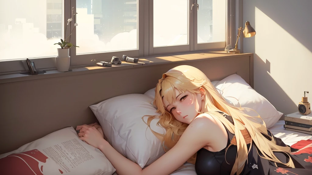 There is a woman, lying on a bed with a book, artwork in the style of Guweiz, wake up, by Girlsfrontline, Guweiz, Anime-Series. soft lighting, lying on the bed, blonde Anime-Series girl with long hair, painted in Anime-Series painter studio, ( ( Makoto Shinkai ) ), Guweiz on pixiv artstation, laying in bed, in underwear