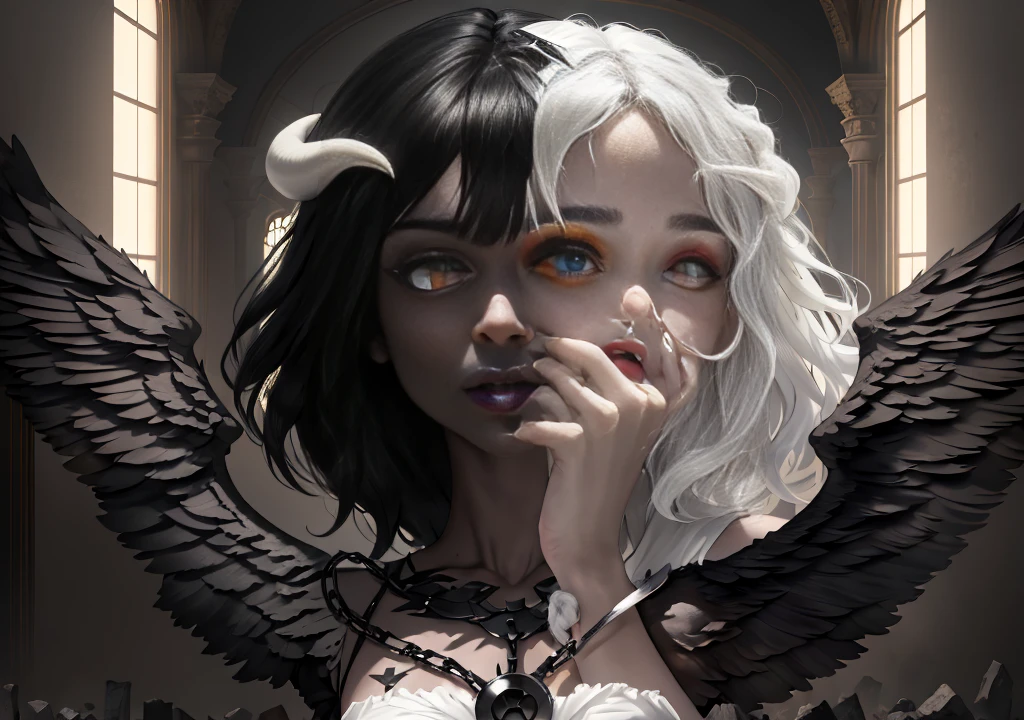 (masterpiece:1.3),(best quality:1.2),8k,absurdres,unity 8k wallpapper,(extremely detailed:1.3),highestres,
1girl, ,heterochromia, white hair, black hair, split theme, angel,devil,wings,