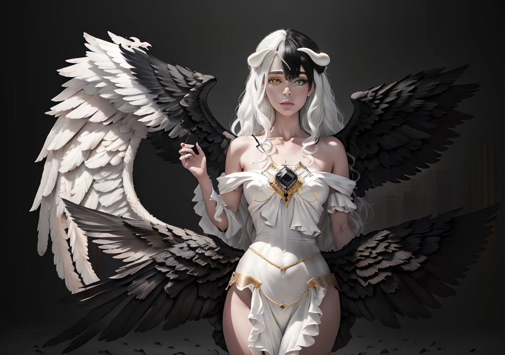 (masterpiece:1.3),(best quality:1.2),8k,absurdres,unity 8k wallpapper,(extremely detailed:1.3),highestres,
1girl, ,heterochromia, white hair, black hair, split theme, angel,devil,wings,