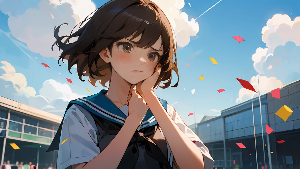 ((Highest quality)), ((masterpiece)), ((Very detailed)),Girl Looking Down,Angry expression，Confetti，Brown Hair,Blue sky and clouds,tears,profile,student,School building,School