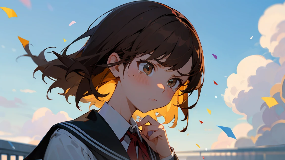 ((Highest quality)), ((masterpiece)), ((Very detailed)),Girl Looking Down,Angry expression，Confetti，Brown Hair,Blue sky and clouds,tears,profile,student,School building,School