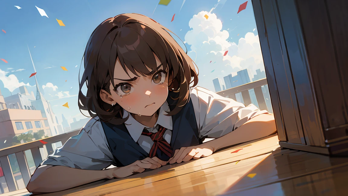 ((Highest quality)), ((masterpiece)), ((Very detailed)),Girl Looking Down,Angry expression，Confetti，Brown Hair,Blue sky and clouds,tears,profile,student,School building,School