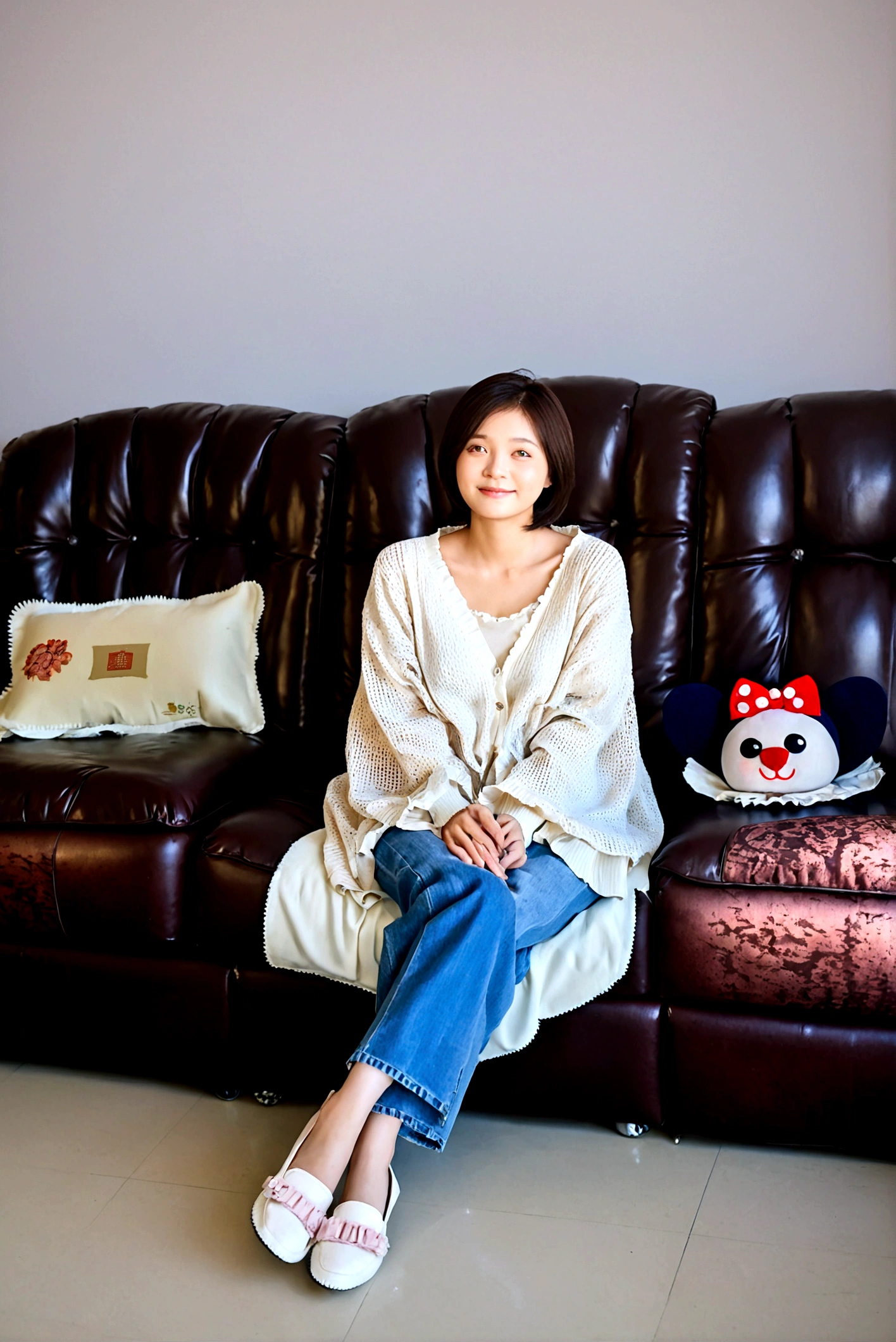 Beautiful Korean Woman , 32 inch chest size, Your eyes are big and pretty. Wearing a high-end luxury brand blouse and cardigan, Casual jeans, short medium hair, Smile. sit on the sofa , uhd