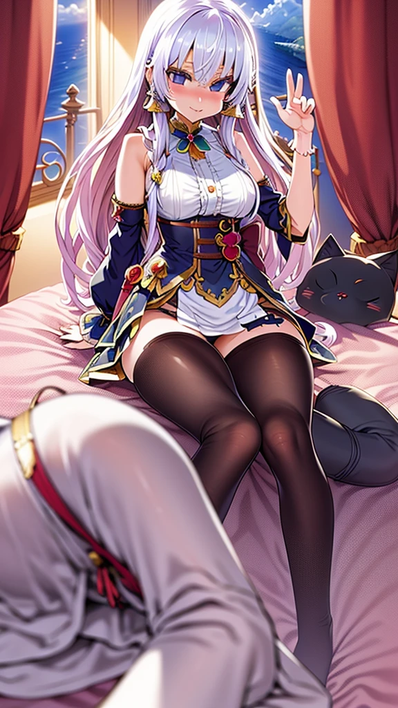 Long hair anime girl sitting on the bed, Cat ear, From the front of the girl, Cute anime waifu in beautiful clothes, Enchanting anime girl, White-haired God, Exquisite detail. , Anime 4k  