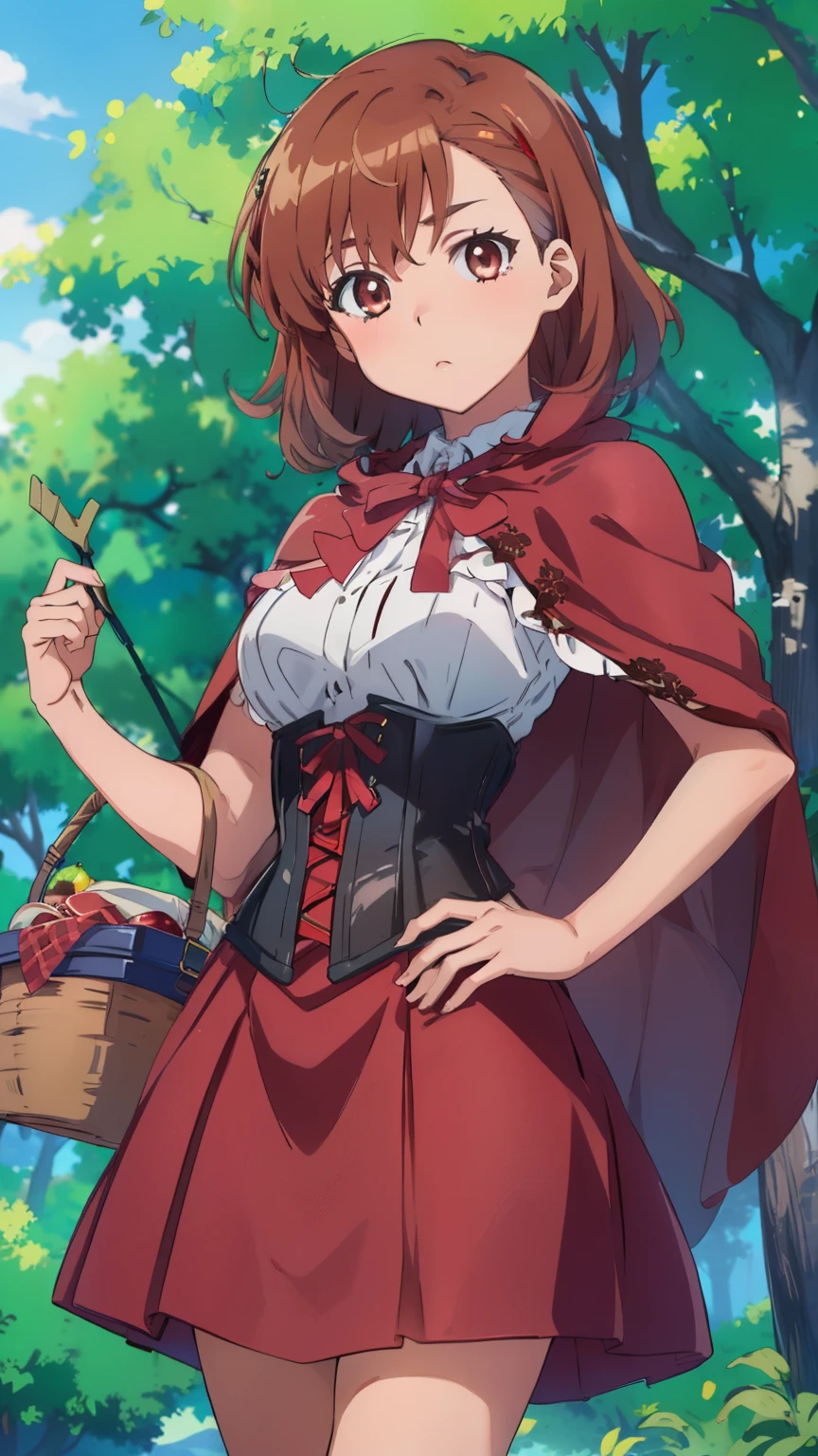 (masterpiece, best quality, 8k:1.2),Very detailed, (anime:1.1), misaka_mikoto, brown hair, medium hair, hairpin, 16 years old, medium breasts, 1girl, (RedHoodWaifu, (red hood, cape, corset, dress, red skirt), fruit basket, in the forest), Cowboy shot, looking at viewer,