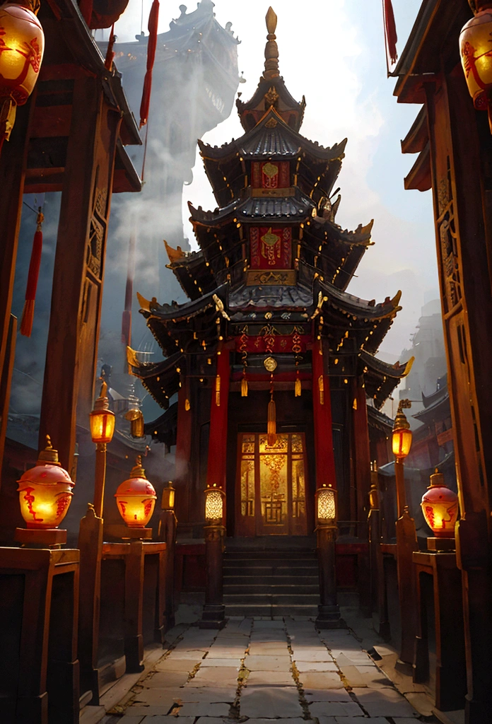 a young lord buddha, ancient chinese city, ornate temple, intricate architecture, cobblestone streets, traditional buildings, pagodas, lanterns, warm lighting, detailed textures, atmospheric fog, beautiful sky, cinematic composition, digital painting, highly detailed, photorealistic, award winning art, 8k, masterpiece