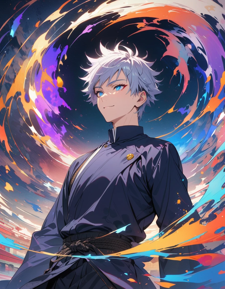 Intricate details,Wide range of colors,artwork,rendering,(masterpiece:1.3),(Highest quality:1.4),(Very detailedな:1.5),High resolution,Very detailed,8K,(1 male,Gojo Satoru,JUJUTSU KAİSEN,Gray Hair)Gojo Satoru,Young people,Be confident々smile,Beautiful Blue Eyes、(The background is blue and purple space)Achieve smooth design