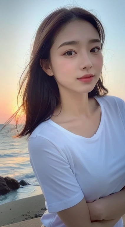 ((best quality, 8k, head of'artwork :1.3)), the whole body, sharpness :1.2, A pretty woman with a perfect figure :1.4, Slim abs :1.2, ((Dark brown hair, big breasts :1.2)), body dress :1.1, (Night view of the city, Balcon moderne :1.1), Highly detailed face and skin texture, Detailed eyes, Double eyelid, Small bust, Uniforme OL, Bureau Wear, t-shirt blanc, Exposed neckline, (Black tights), (No panties), scene of'interior, Bureau