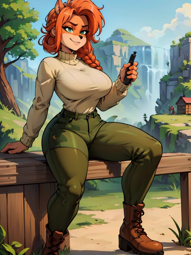(best quality,4k,8k,highres,masterpiece:1.2),ultra-detailed,realistic:1.37,portrait,anthro bandicoot girl redhead, braided hair, beautiful green eyes, sexy relaxing moment, sexy ,seductive, warm sweater, camouflage pants, army boots, smirking, cozy lighting, vibrant colors ,