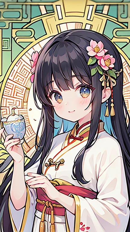 Absurd, Highest quality, Fine details, 8K, New Year Greeting Cards, Tarot Card Style Frames, Art Nouveau, (Alphonse Mucha), Art Deco, ancient Chinese style, One girl, smile, Red Hanfu, hair ornaments, Upper Body, Chinese style fantasy window decorated with crystal texture, Ancient court scenery, Red flower beads, Chinese style decorative string, Plum blossom tree, peony, petal
