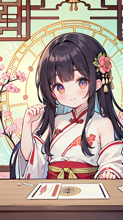 Absurd, Highest quality, Fine details, 8K, New Year Greeting Cards, Tarot Card Style Frames, Art Nouveau, (Alphonse Mucha), Art Deco, ancient Chinese style, One girl, smile, Red Hanfu, hair ornaments, Upper Body, Chinese style fantasy window decorated with crystal texture, Ancient court scenery, Red flower beads, Chinese style decorative string, Plum blossom tree, peony, petal