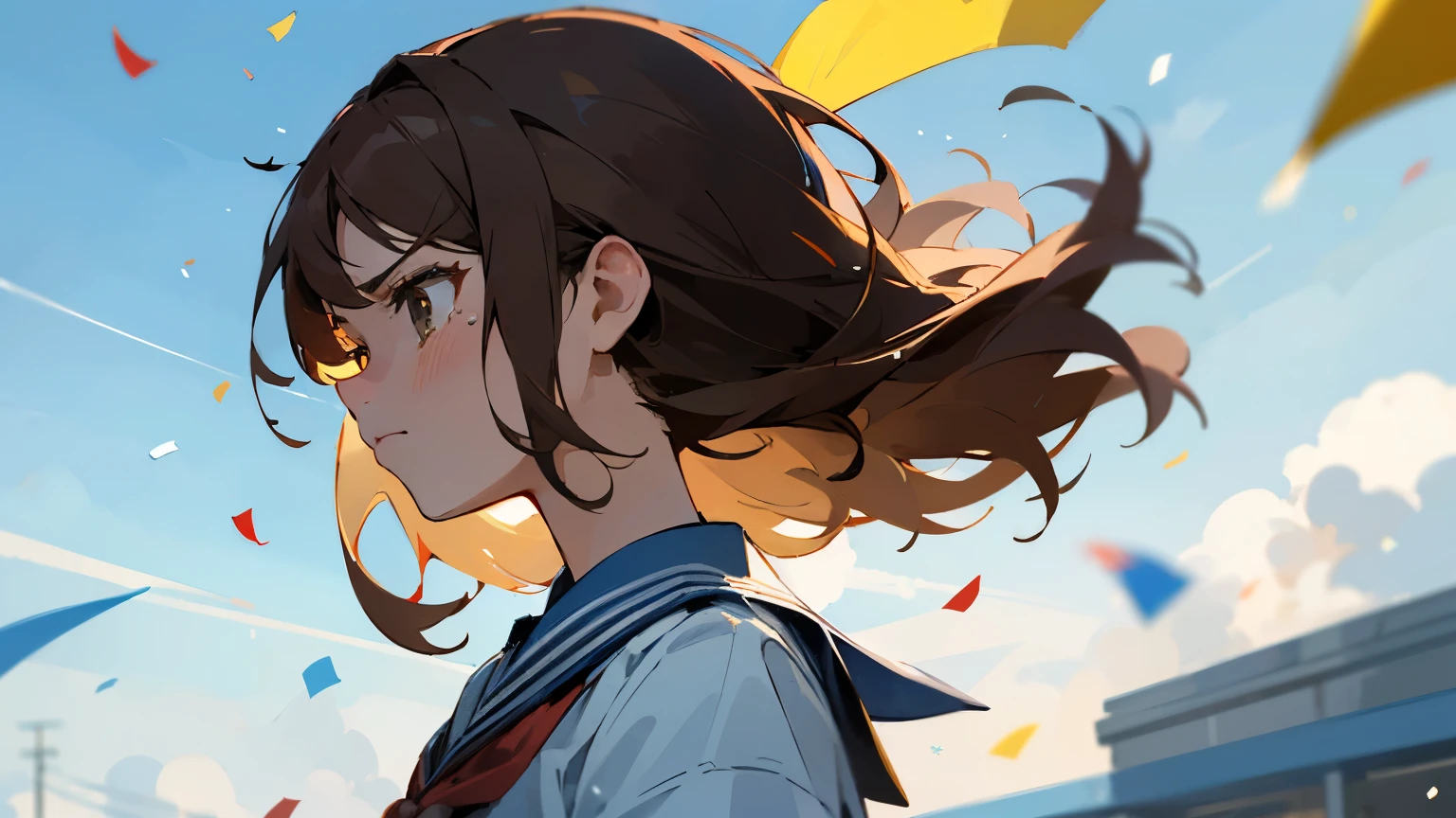 ((Highest quality)), ((masterpiece)), ((Very detailed)),Girl,Angry expression,Confetti,Brown Hair,Blue sky and clouds,tears,profile,student,School building