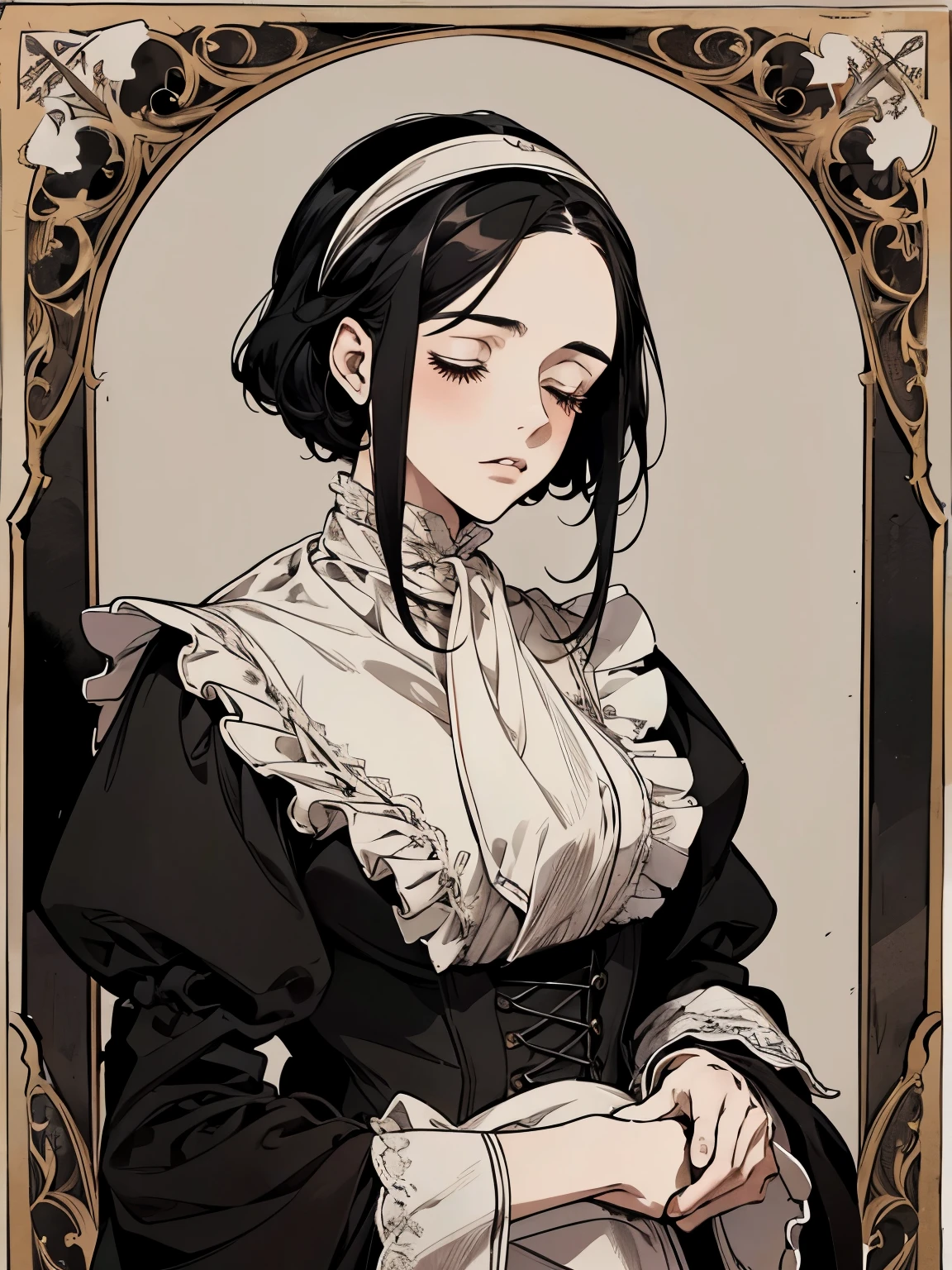 Woman with bob, short black hair, in Victorian maid dress, maid sloppy clothes, with a white scarf on his head, collected hair, Middle Ages, high contrast, 19th century style, reeks of kindness and comfort, Palace Background, Behind her is a large bookshelf,  closed eyes, looks down
