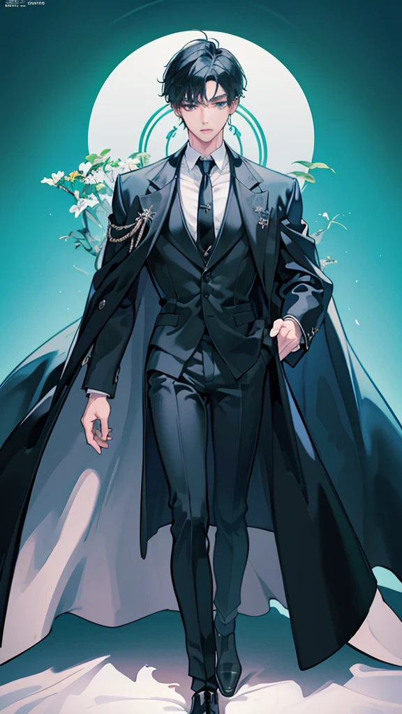(masterpiece), best quality, seductive eyes, perfect face, handsome man,green-blue eyes, middle part haircut, short length black hair, black coat, grey suit, black necktie, full body, long legs, anime cover, 1boy, cross ear rings
