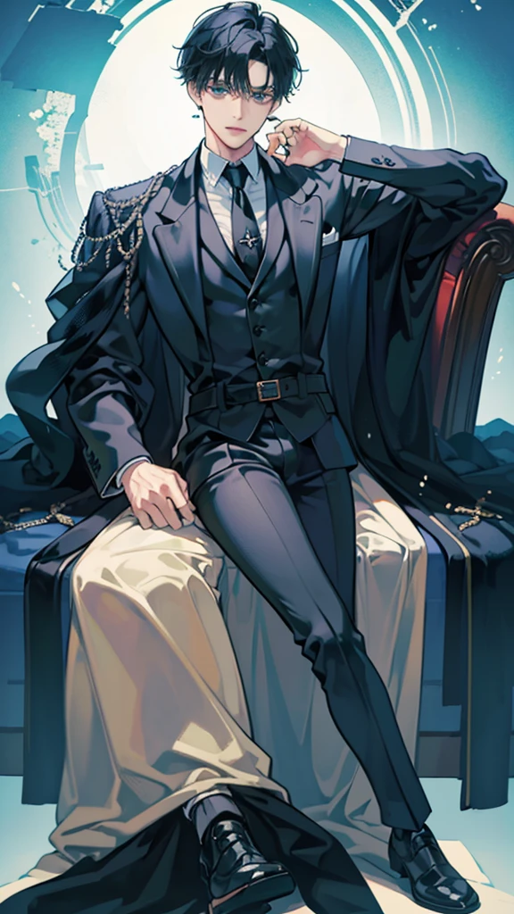(masterpiece), best quality, seductive eyes, perfect face, handsome man,green-blue eyes, middle part haircut, short length black hair, black coat, grey suit, black necktie, full body, long legs, anime cover, 1boy, cross ear rings