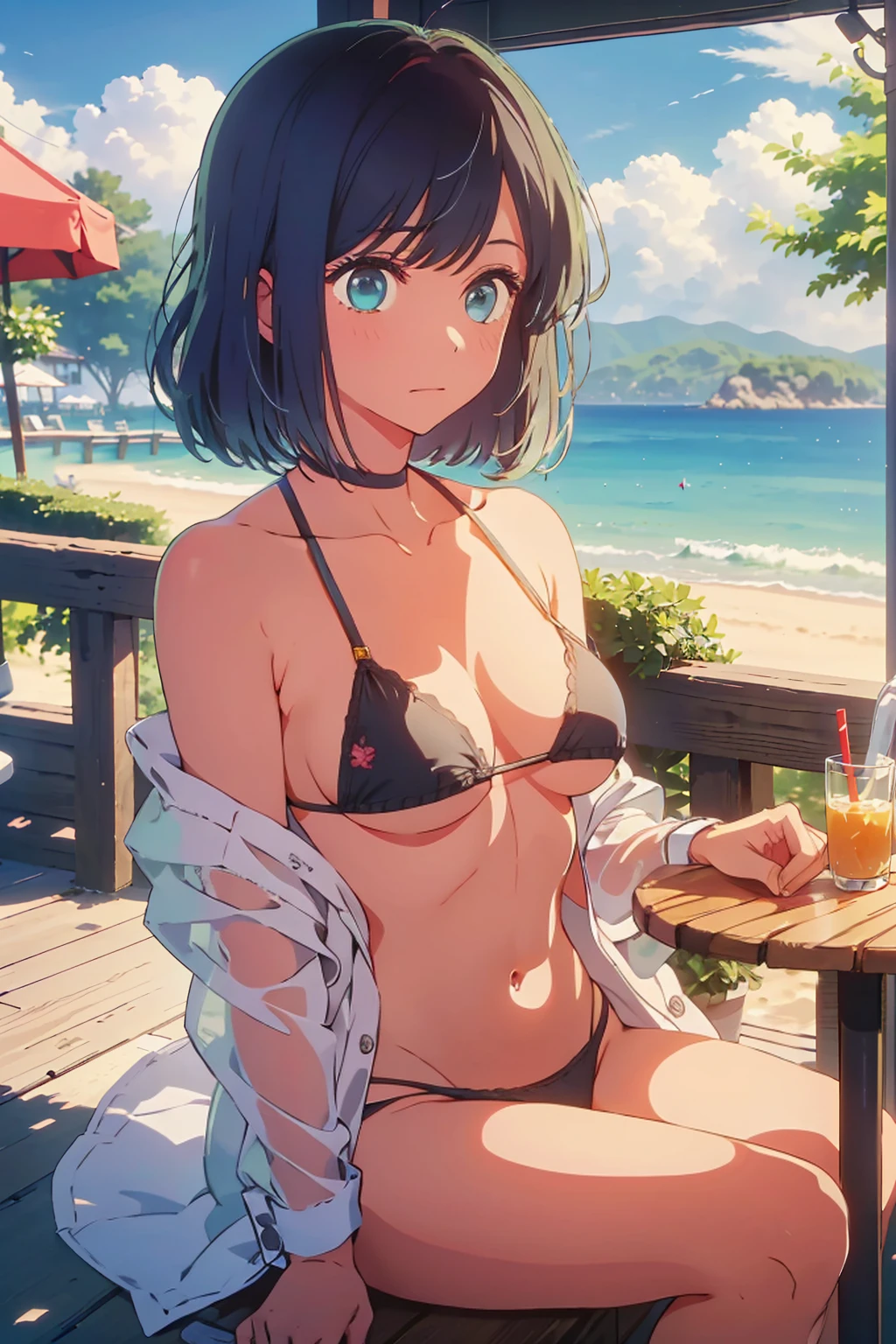 (Highest quality:1.4、masterpiece:1.4、Super detailed:1.4、8K:1.4)、((((1 person、Surprised expression、sit、Outdoor café terrace、coastal、juice、table、Sandy Beach、juiceのグラスを持つ、Micro Bikini、Very soft boobs、Big eyes、Very cute face))))、F cup bust、Medium breast、Underboob