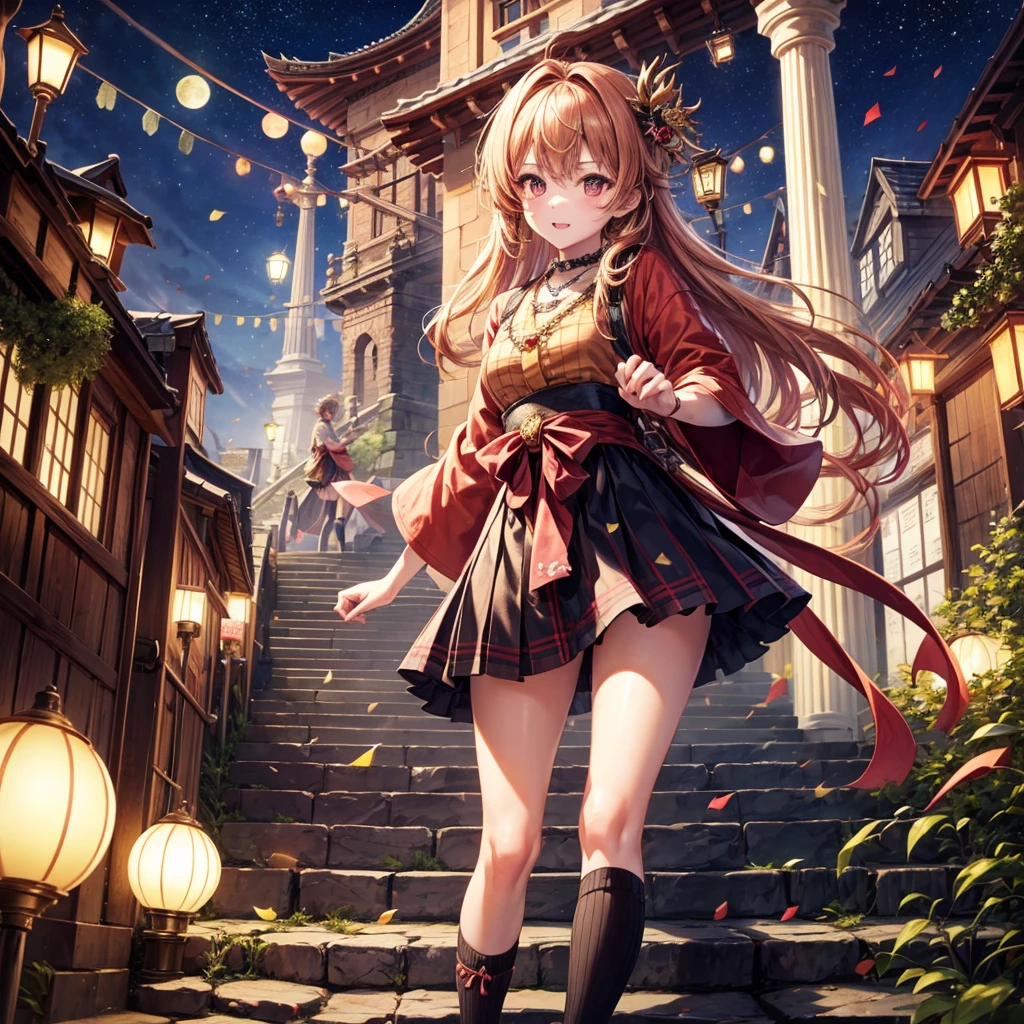 Pink, red, brown, gold, gold hair、Red gold eyes、Hair tied up、One good looking girl、solo、anime、Checkered mini skirt、Ruffles on the skirt、Checked dress、blouse、Kimono、Black knee-high socks、Ribbon、Ribbon on waist、Teeth are visible、Sparkly Necklace、From above、Cobblestones、waterfall、Starry Sky、Midnight Moon、suspension bridge、beam、Standing still、Transparent、Dragon flying、goddess、Edo、Confetti、Kicking、Ancient City、Arranging stones、Climbing the stairs