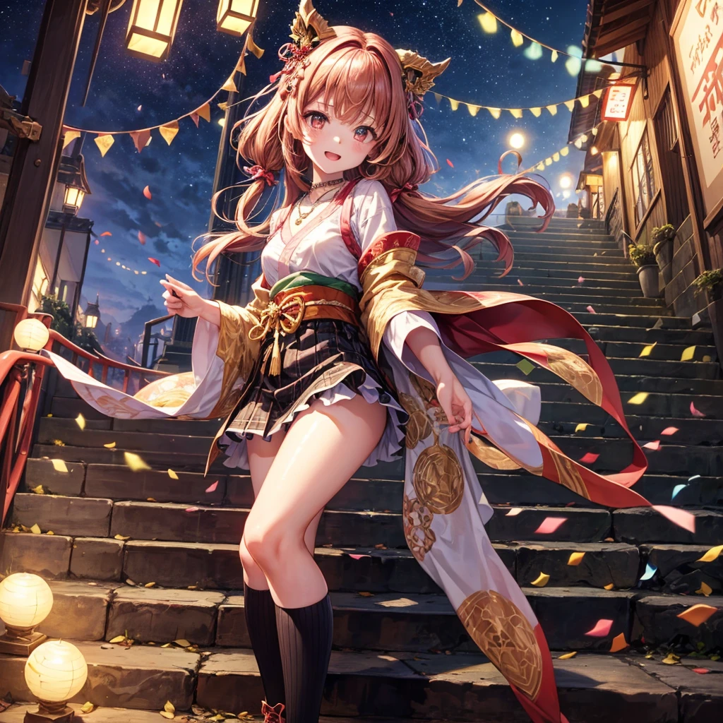 Pink, red, brown, gold, gold hair、Red gold eyes、Hair tied up、One good looking girl、solo、anime、Checkered mini skirt、Ruffles on the skirt、Checked dress、blouse、Kimono、Black knee-high socks、Ribbon、Ribbon on waist、Teeth are visible、Sparkly Necklace、From above、Cobblestones、waterfall、Starry Sky、Midnight Moon、suspension bridge、beam、Standing still、Transparent、Dragon flying、goddess、Edo、Confetti、Kicking、Ancient City、Arranging stones、Climbing the stairs