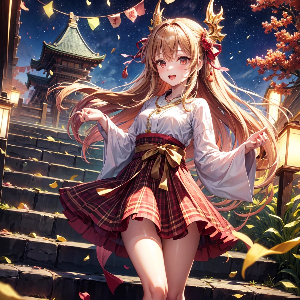 Pink, red, brown, gold, gold hair、Red gold eyes、Hair tied up、One good looking girl、solo、anime、Checkered mini skirt、Ruffles on the skirt、Checked dress、blouse、Kimono、Black knee-high socks、Ribbon、Ribbon on waist、Teeth are visible、Sparkly Necklace、From above、Cobblestones、waterfall、Starry Sky、Midnight Moon、suspension bridge、beam、Standing still、Transparent、Dragon flying、goddess、Edo、Confetti、Kicking、Ancient City、Arranging stones、Climbing the stairs