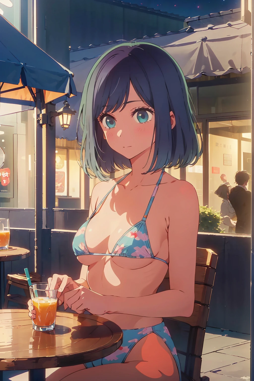 (Highest quality:1.4、masterpiece:1.4、Super detailed:1.4、8K:1.4)、((((1 person、Surprised expression、sit、Outdoor café terrace、coastal、juice、table、Sandy Beach、juiceのグラスを持つ、Micro Bikini、Very soft boobs、Big eyes、Very cute face))))、(moonlight:1.4、at night:1.4)、F cup bust、Medium breast、Underboob