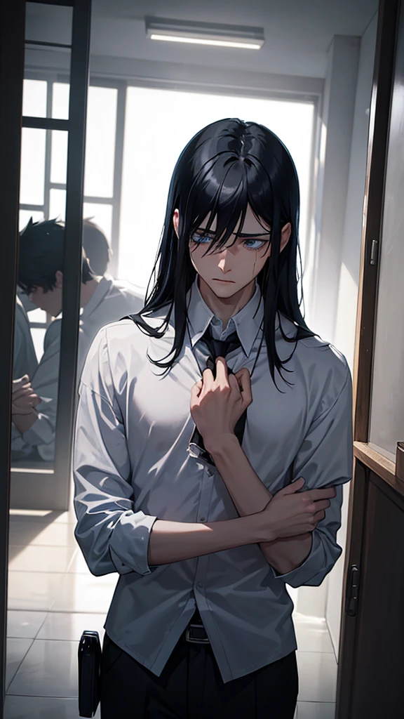 A high school boy with black hair and blue eyes, Crying in the corner of the school, Four men stood before him.. This boy has delicate features., Includes beautiful eyes and lips. His tears flowed down his cheeks, Adding emotion to the scene. The boy was dressed , His posture is hunched over.,In a vulnerable position, Emphasize his pain. The light in the corner where he cried was dim, Create a serious atmosphere. Image quality should be the best, Capture the intensity of emotion through extremely detailed and realistic rendering. The tone should be dark and moody, With a hint of blue to bring out the protagonist's blue eyes.