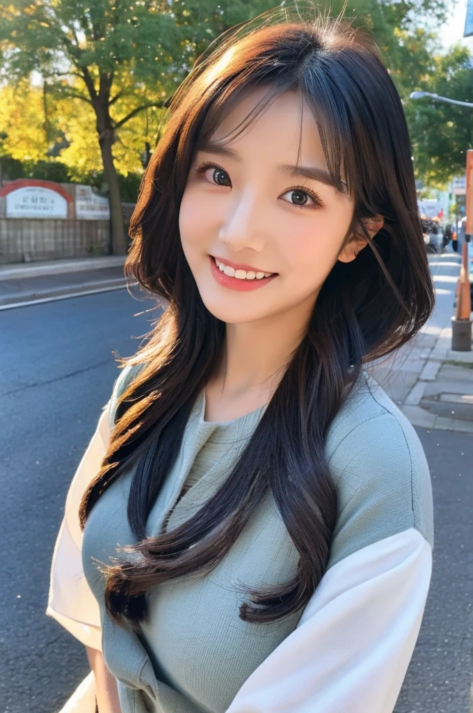 18 years old beautiful girl, big eyes, Large Breasts, and slim, 8K, top quality, (Very detailed title: 1.0), (very detailed face: 1.0), (very fine hair: 1.0), Realistic photos ,black hair,Lively street,character dressing