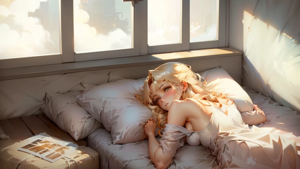 There is a woman, lying on a bed with a book, artwork in the style of Guweiz, wake up, by Girlsfrontline, Guweiz, Anime-Series. soft lighting, lying on the bed, blonde Anime-Series girl with long hair, painted in Anime-Series painter studio, ( ( Makoto Shinkai ) ), Guweiz on pixiv artstation, laying in bed