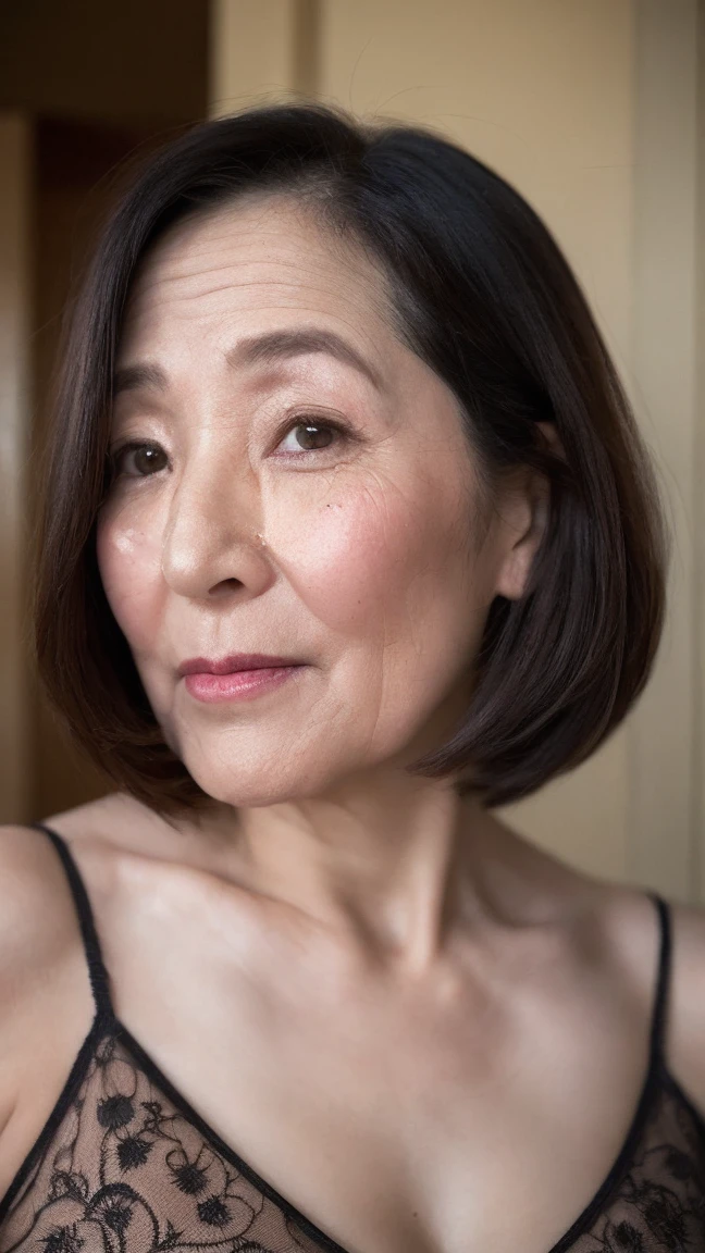 (Hotel Rooms), gravure, Depict lips accurately, Red lipstick, From the chest up, In underwear, Mature Woman, Flashy face, Highest quality, super high quality, Realistic, Ultra-dense skin, Perfect description, (1 Japanese Mature Woman), (erotic), 100 years old, (Wrinkles around the eyes:1.5) , Chubby body type, Muchimuchi,(((plump Mature Woman1.4)))、Goddess of Eros, (Beautiful and realistic Japanese:1.3), Beautiful Face, Elegant face, Japanese Actress, Beautiful woman, In detail, Big Breasts, Fascinating, Glamour, sexy, Pure white skin, Looking at the audience,