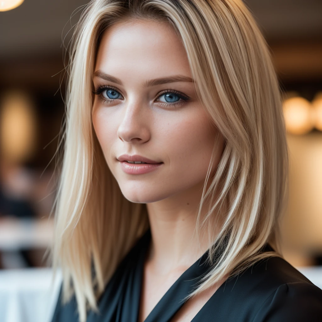realistic, photorealistic, raw photo, 8K detailed skin, natural skin texture, realistic skin texture, picture-perfect face, film grain, HDR, high quality shadow, perfect anatomy, perfect symmetry:1.2, perfect face, happy, confident, soft lighting, depth of field, bokeh, ultra-high resolution, cinematic lighting, sharp focus, realistic hair strands, subtle facial expressions, vibrant colors,photo of a 30-year-old blonde (blue-eyed woman), inside a restaurant eating with food, wavey hair, large breasts, (black dress), (neckline), details (textures! , hair! , color!! , disadvantages: 1.1), glossy eyes with high detail (looking at the camera), SLR lighting, SLR camera, ultra-quality, sharpness, minimal depth of field, film grain (center), Fujifilm XT3, crystal clear, frame center, beautiful face, sharp focus, detailed skin pores, complex eye details, full body