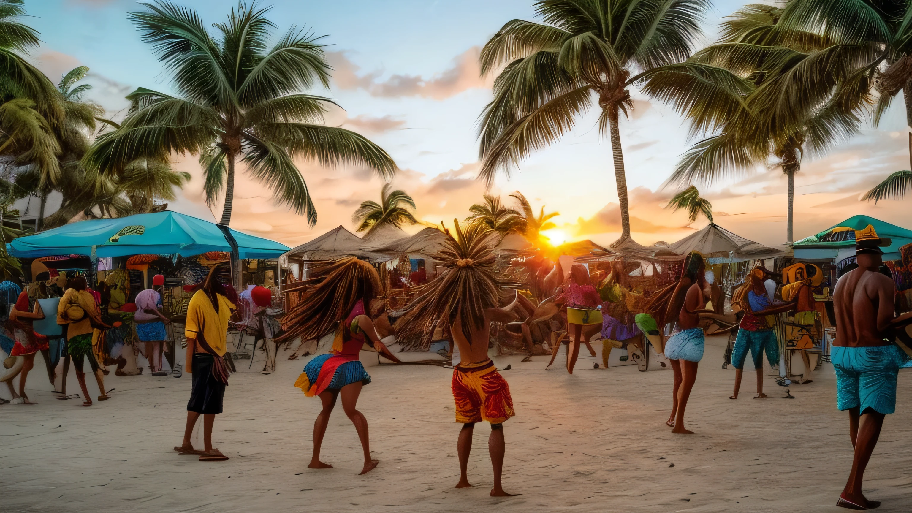 「Imagine a Caribbean sunset under palm trees.., With a reggae band playing. People dancing to music々々photograph, Bright Rastafarian style clothing. Draw the ocean breeze blowing through, Create a fun atmosphere.