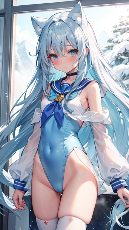 Light blue　Long Hair　In addition　Magical girl　Sailor　leotard　beautiful girl　thin　Embarrassing　blush　erotic　Sexual action　Light blue　Long Hair　upon　Magical girl　Sailor　leotard　beautiful girl　thin　Snow Mountain　blush　cold　trembling　Hug the body　I was punched in the groin.　Subjected to violence