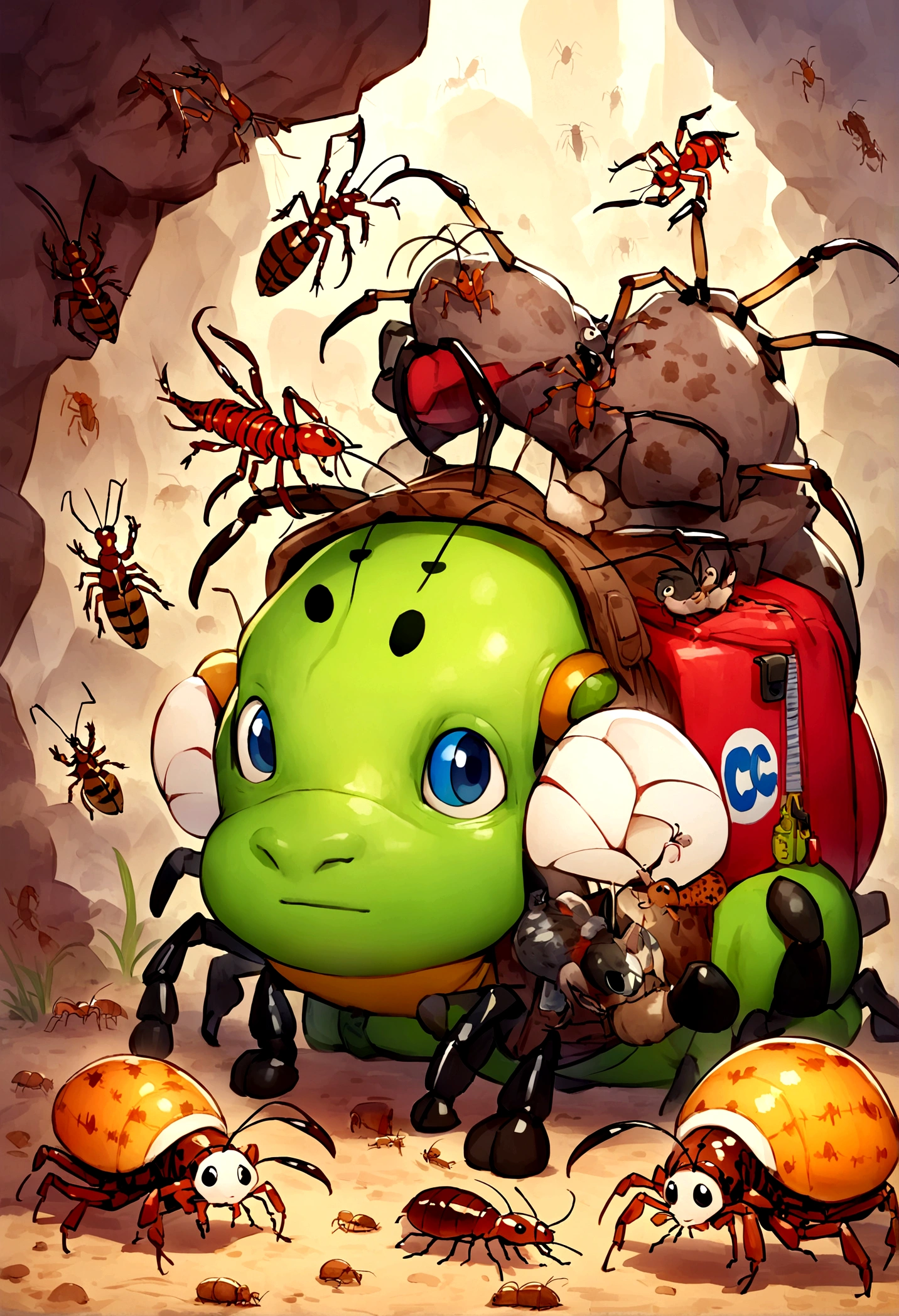 disney pixar character with pest control backpack ,cap with the initials FC. hunting mice, cockroaches ,termite, Scorpion