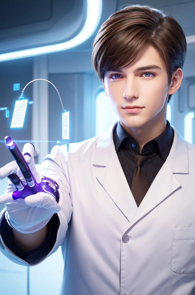 handsome young man
handsome man
White with brown hair
Purple eyes
Cyber Systems Laboratory
Researcher
white coat
Thinking with pen in right hand and material in left hand
Illustration
