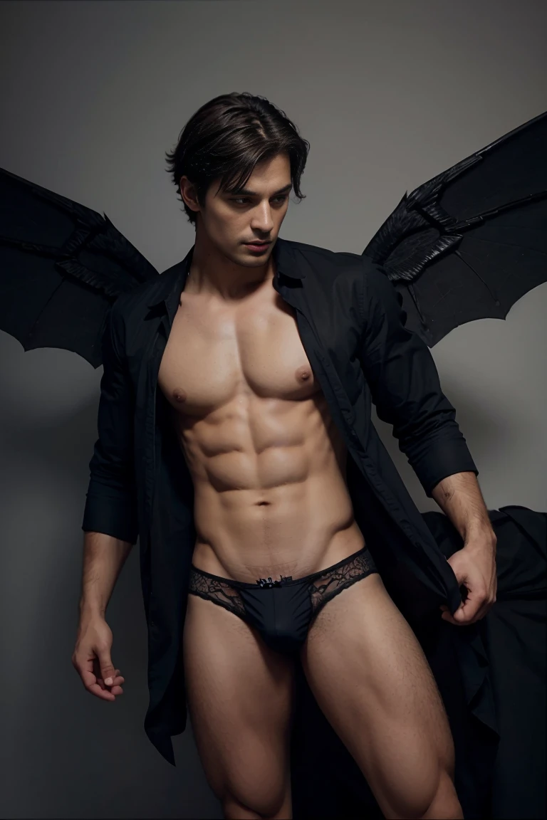 hot male , dark fey ,fly with wings , underwear , handsome